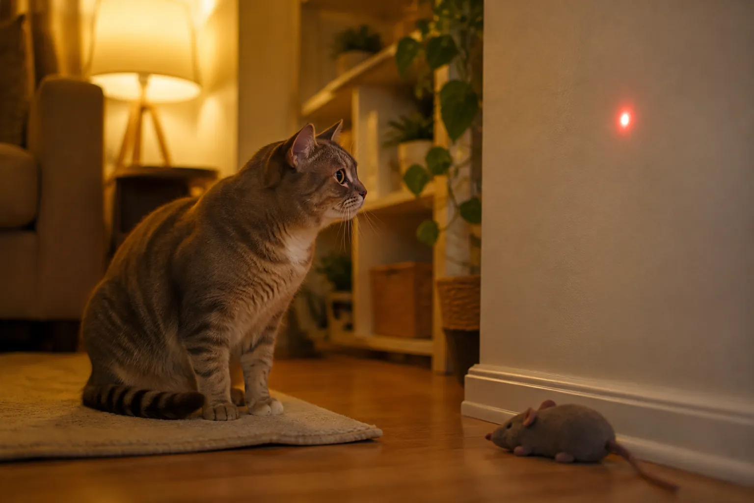 A calm cat watching a red laser dot beside a toy mouse