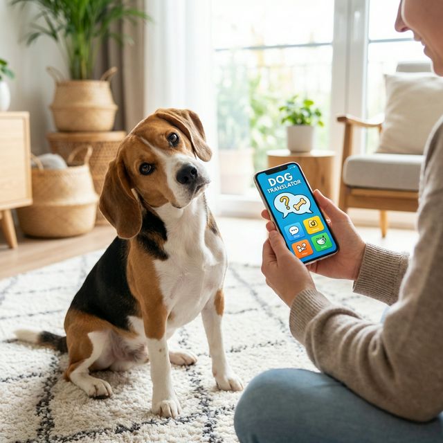 Curious dog and owner with translator app