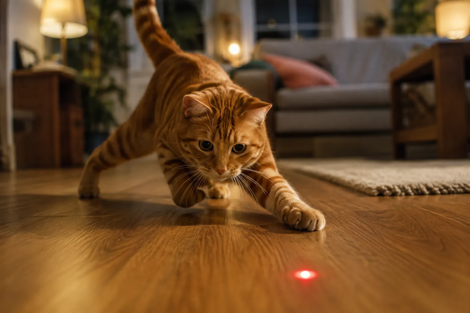 An orange tabby cat chasing a red laser dot on the floor